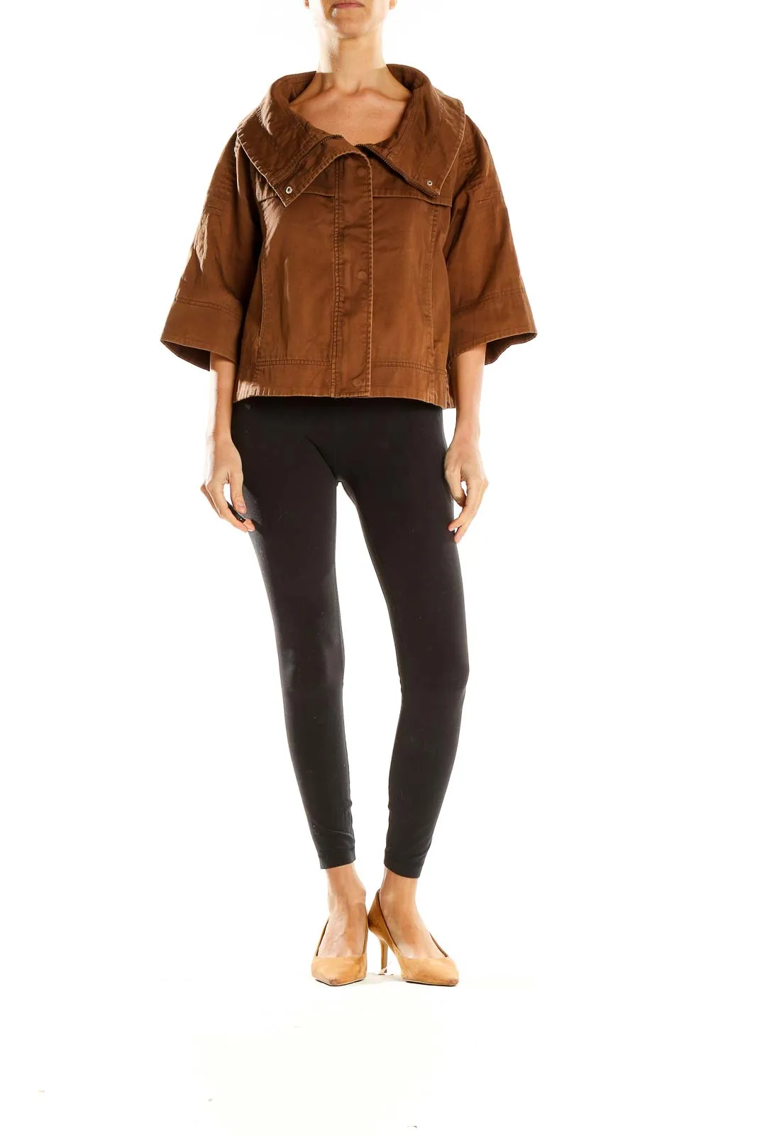 Brown Wide-Collar Cropped Jacket