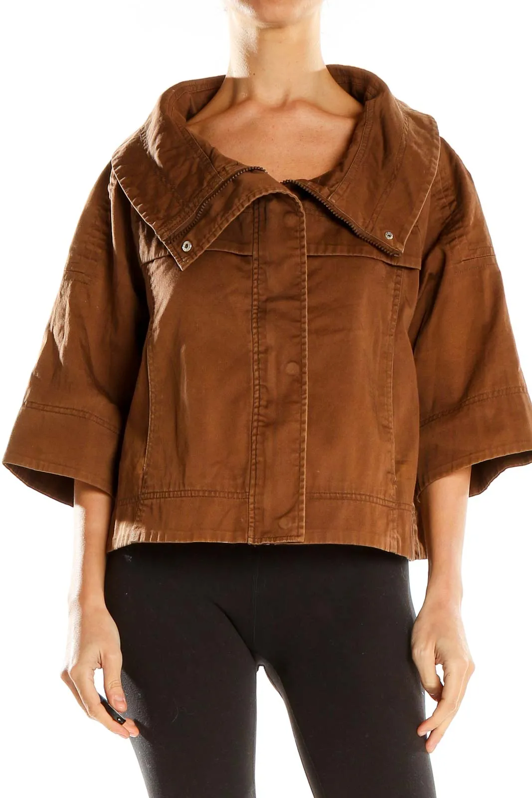 Brown Wide-Collar Cropped Jacket