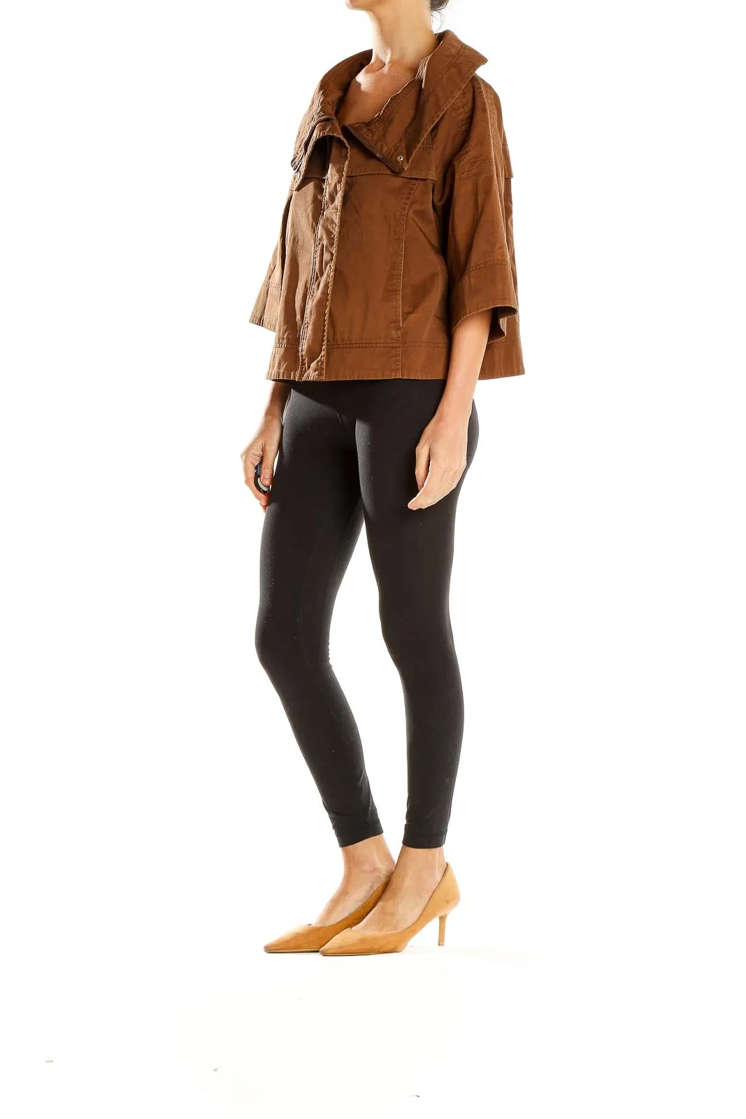 Brown Wide-Collar Cropped Jacket