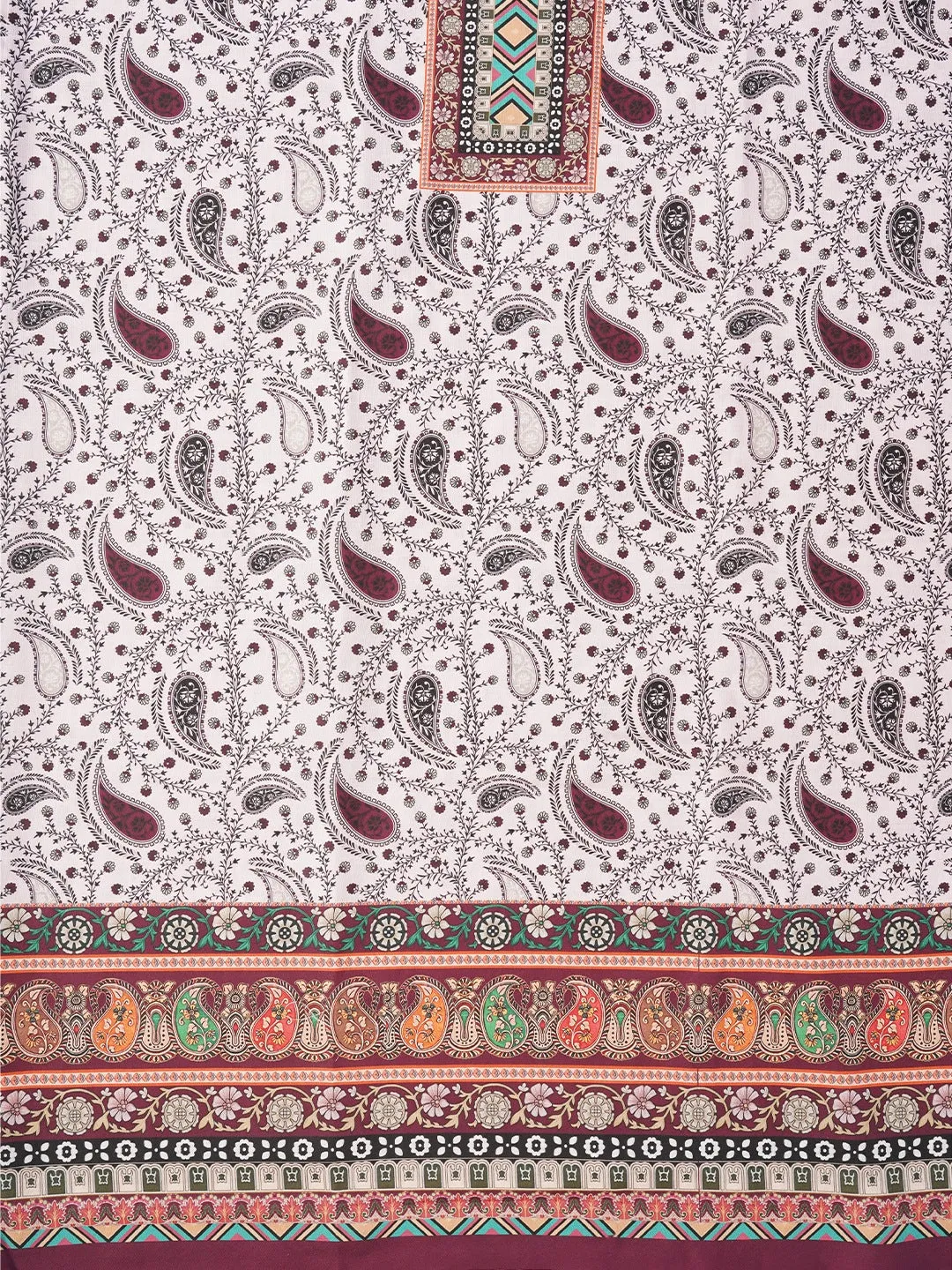 Burgundy Paisley Printed Cotton Blend Dress Material with Dupatta