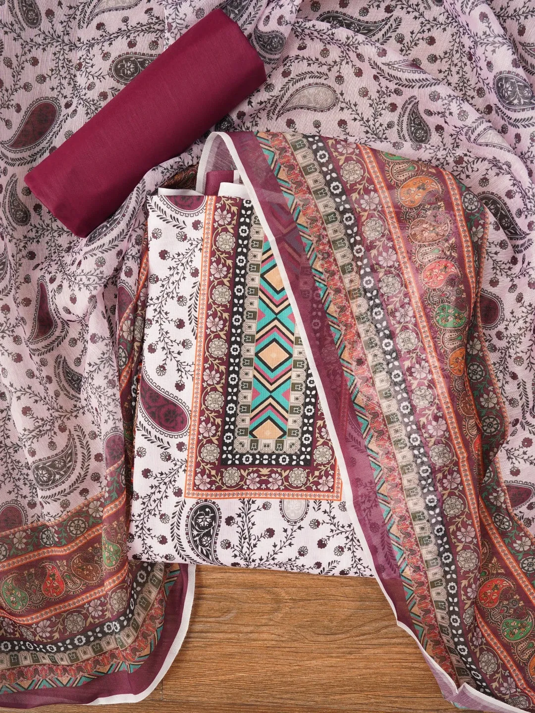 Burgundy Paisley Printed Cotton Blend Dress Material with Dupatta