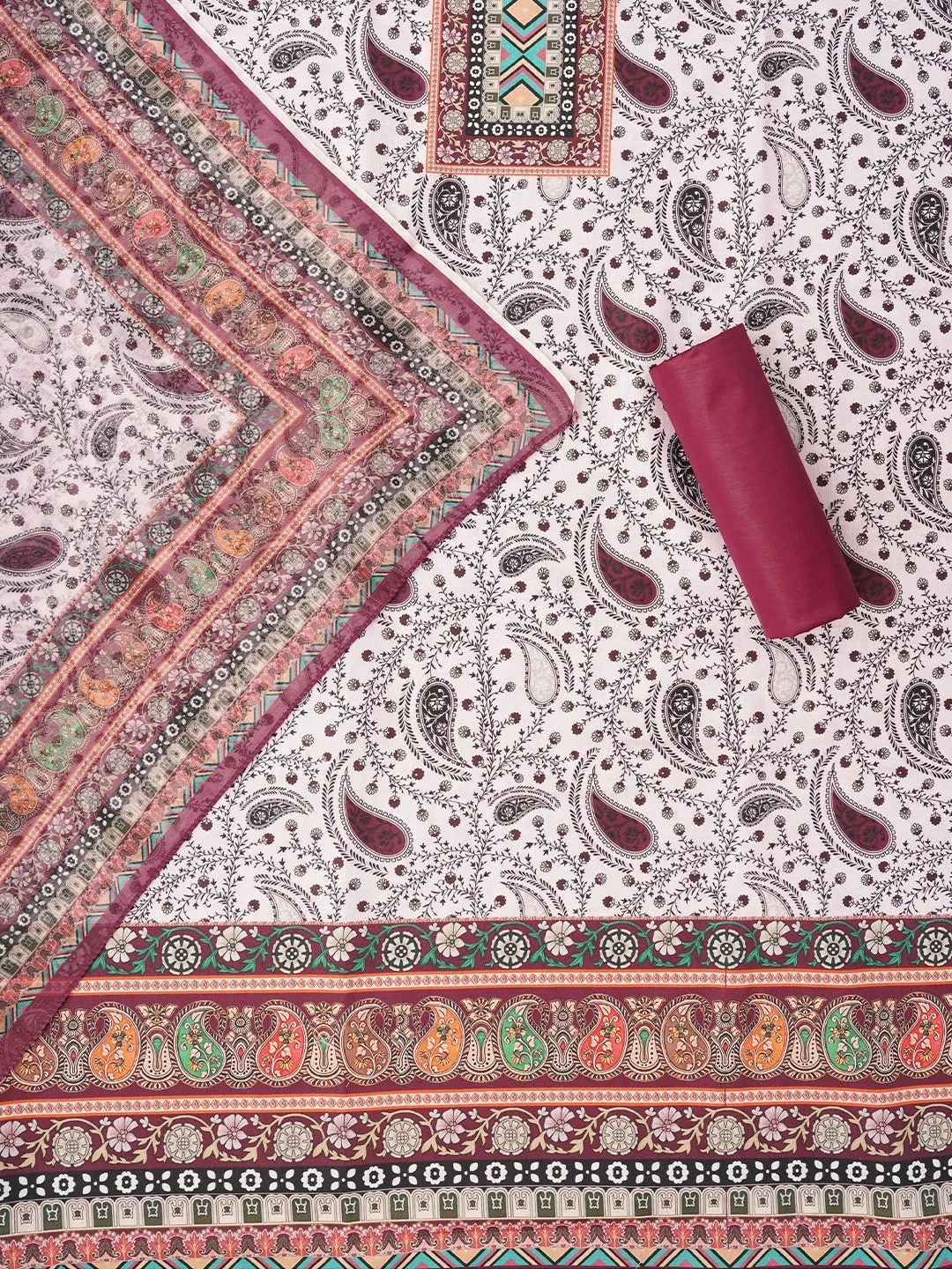 Burgundy Paisley Printed Cotton Blend Dress Material with Dupatta