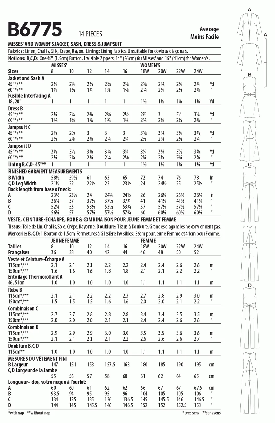 Butterick Pattern B6775 Misses' & Women's Jacket, Sash, Dress and Jumpsuits