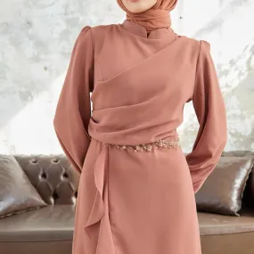 Camel Flared modest evening dress