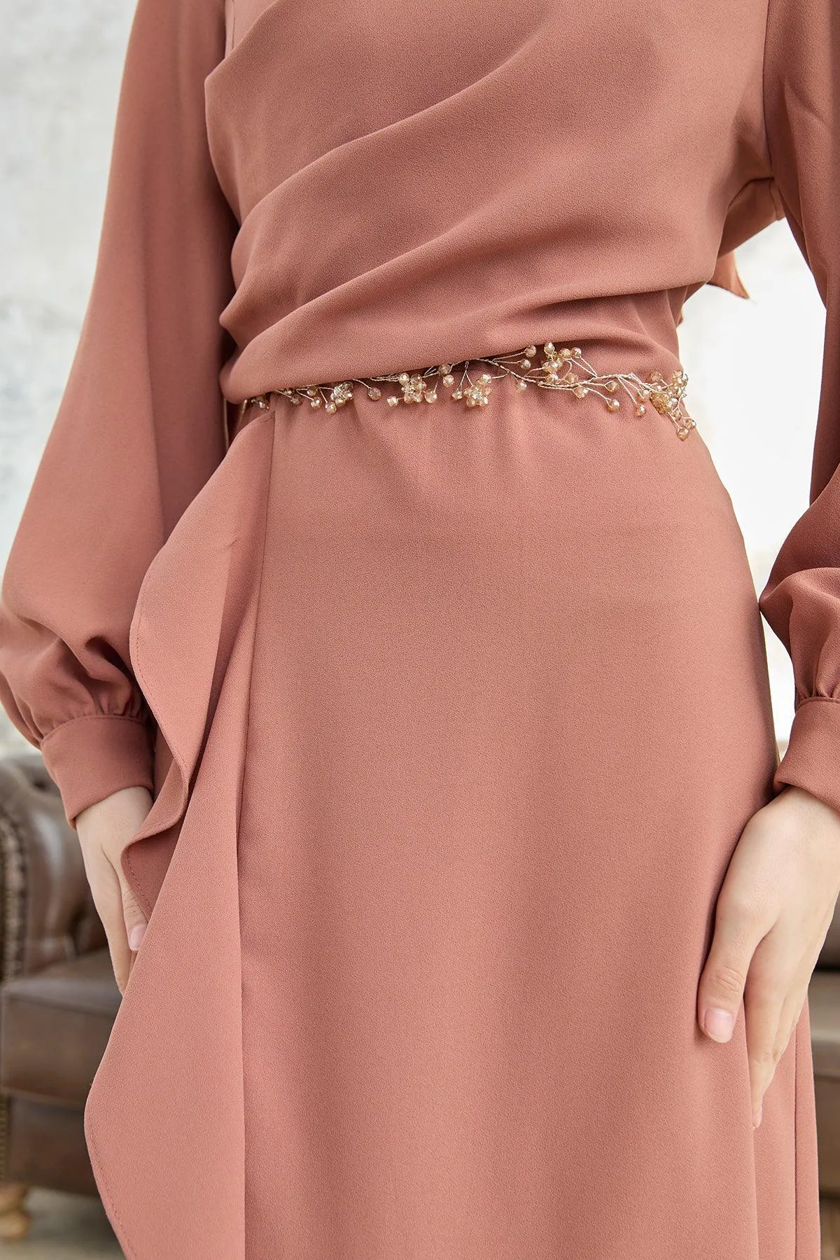 Camel Flared modest evening dress