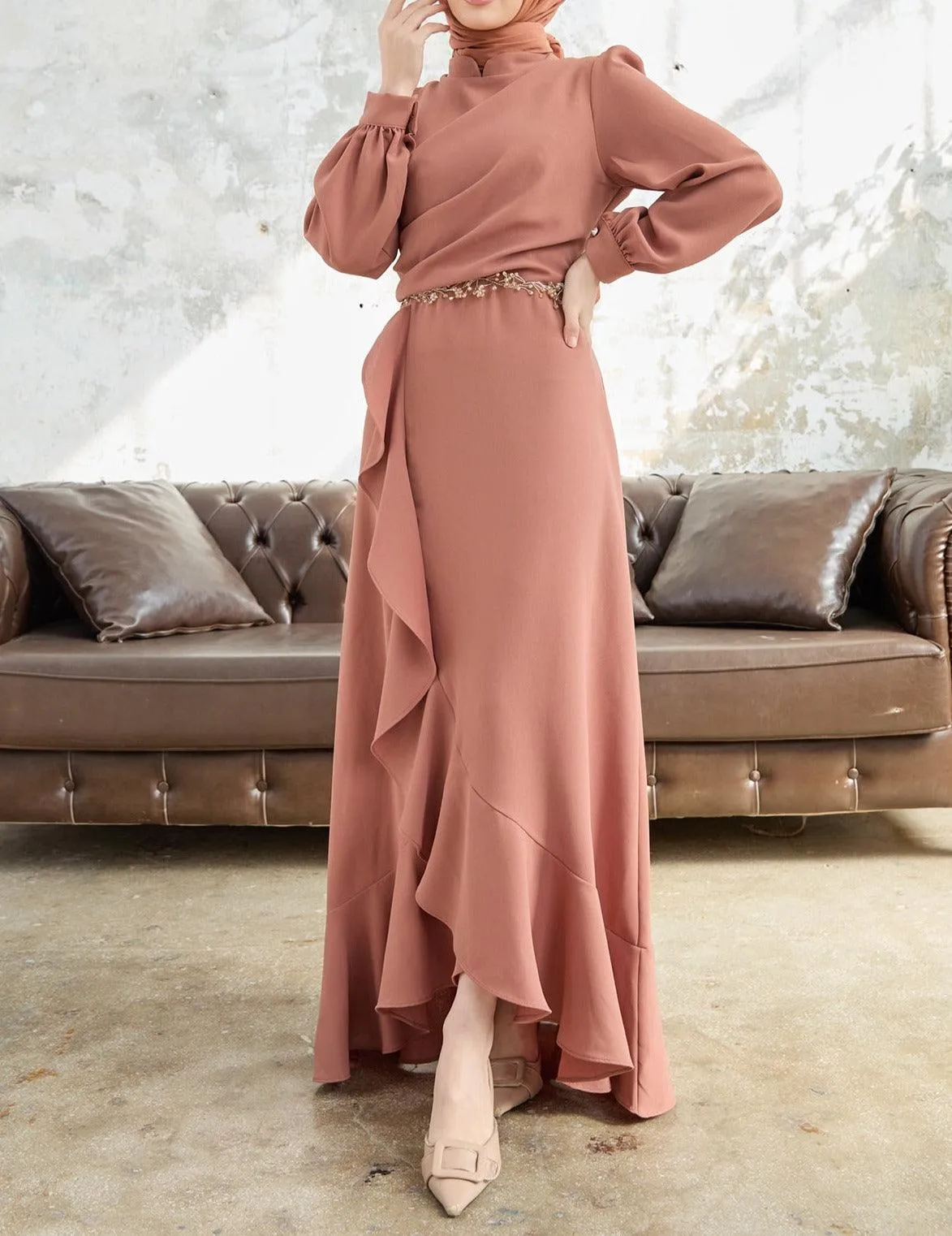 Camel Flared modest evening dress