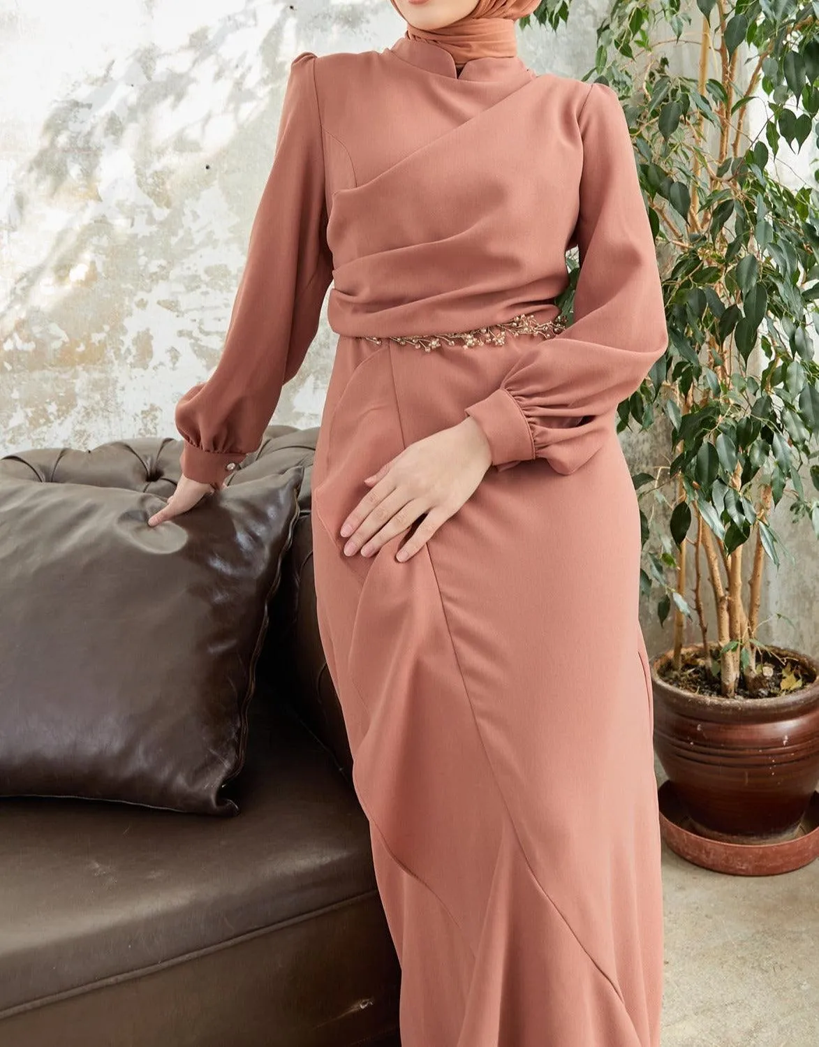 Camel Flared modest evening dress