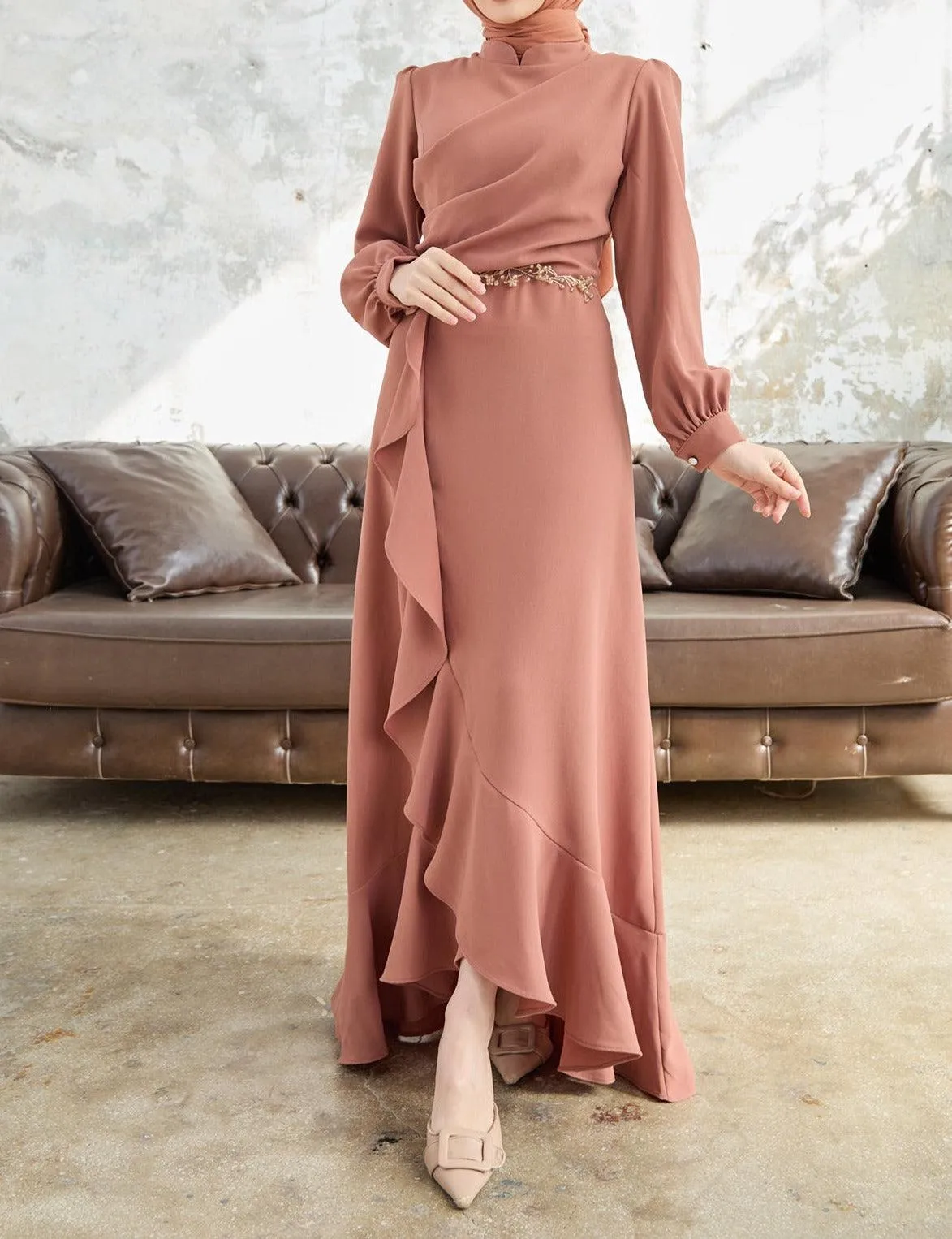 Camel Flared modest evening dress