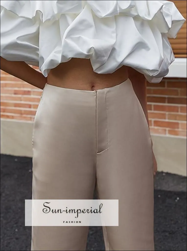 Casual Beige Satin Wide Leg Women full Length High Waist bottom side Split Pants