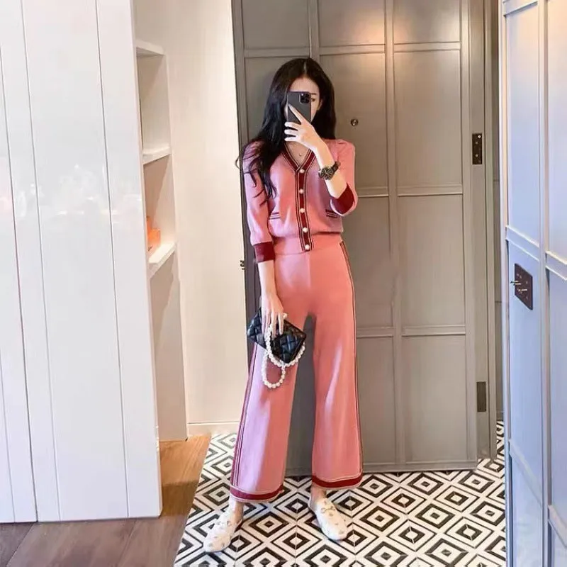 Casual Sporty Pink Knit Wide-Leg Pants Suit