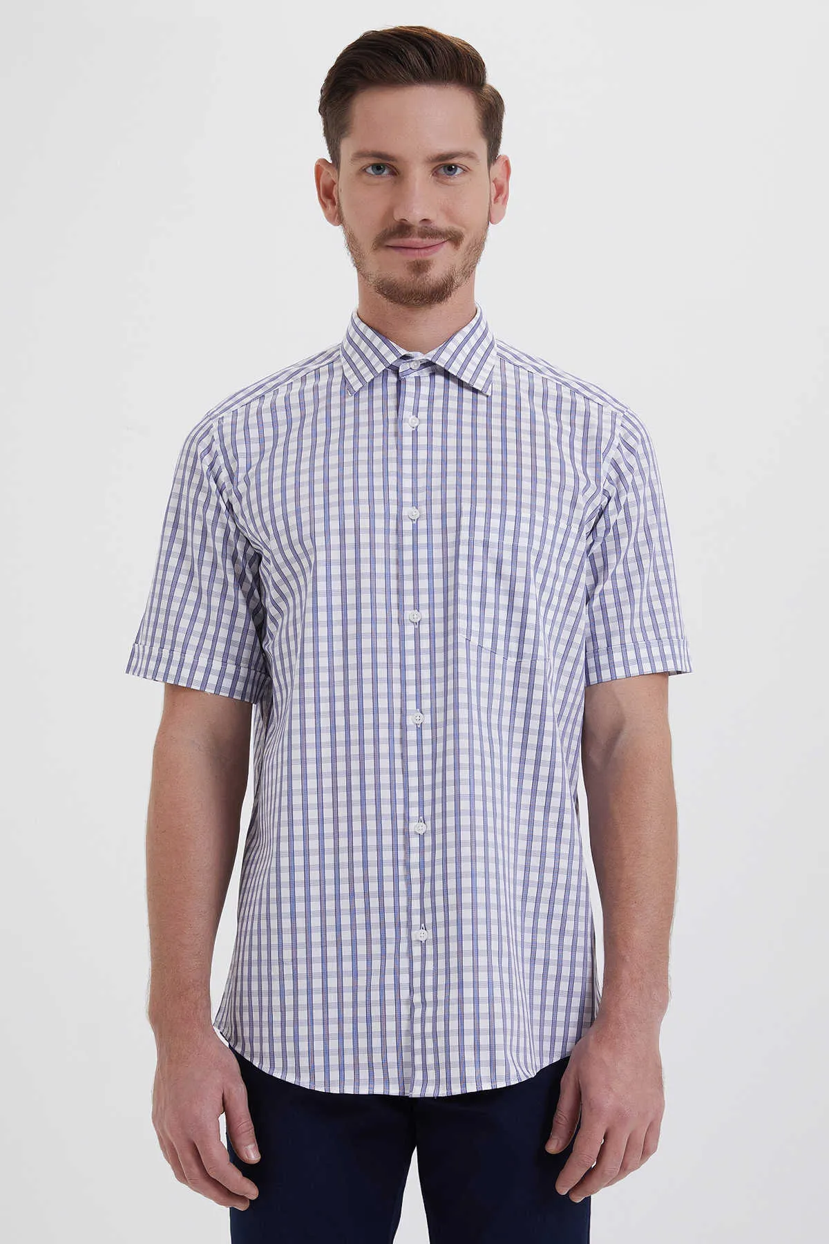 Classic Fit Short Sleeve Plaid Cotton Blue Dress Shirt