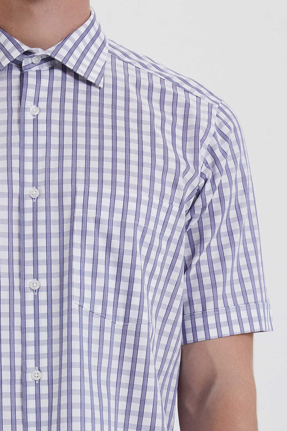 Classic Fit Short Sleeve Plaid Cotton Blue Dress Shirt