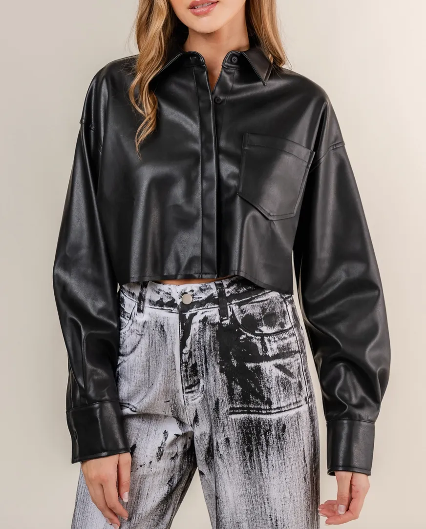 Collared Cropped Leather Jacket