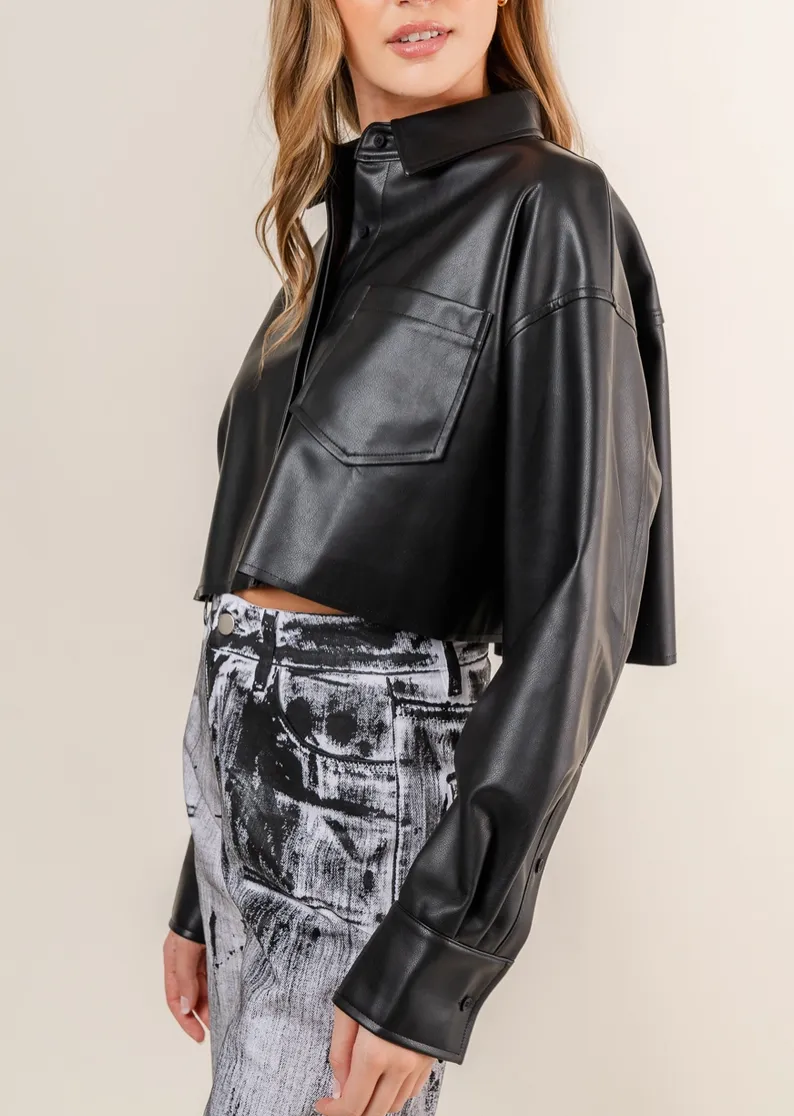 Collared Cropped Leather Jacket