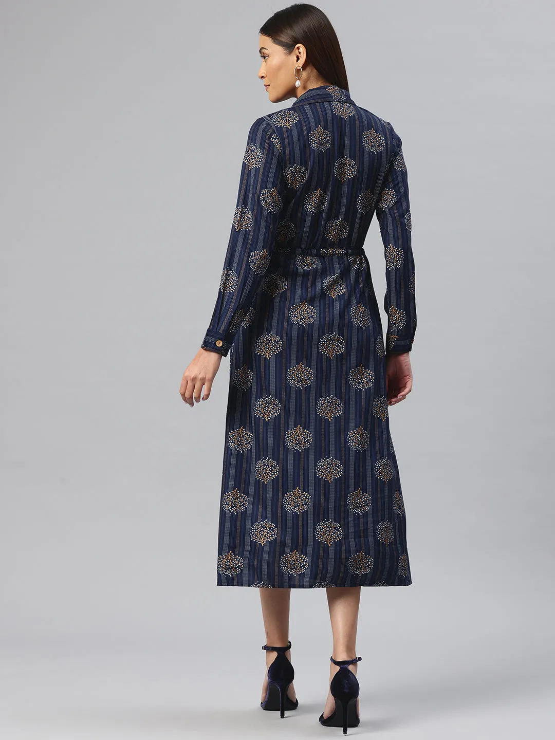 Cottinfab Ethnic Motifs Printed Belted Shirt Midi Dress