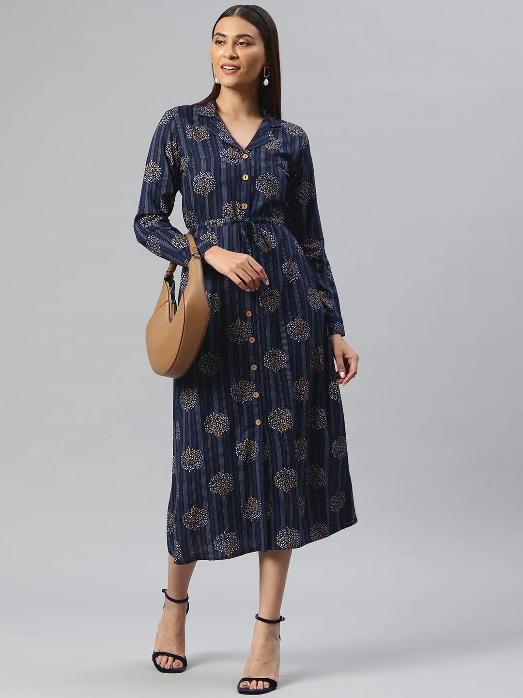 Cottinfab Ethnic Motifs Printed Belted Shirt Midi Dress