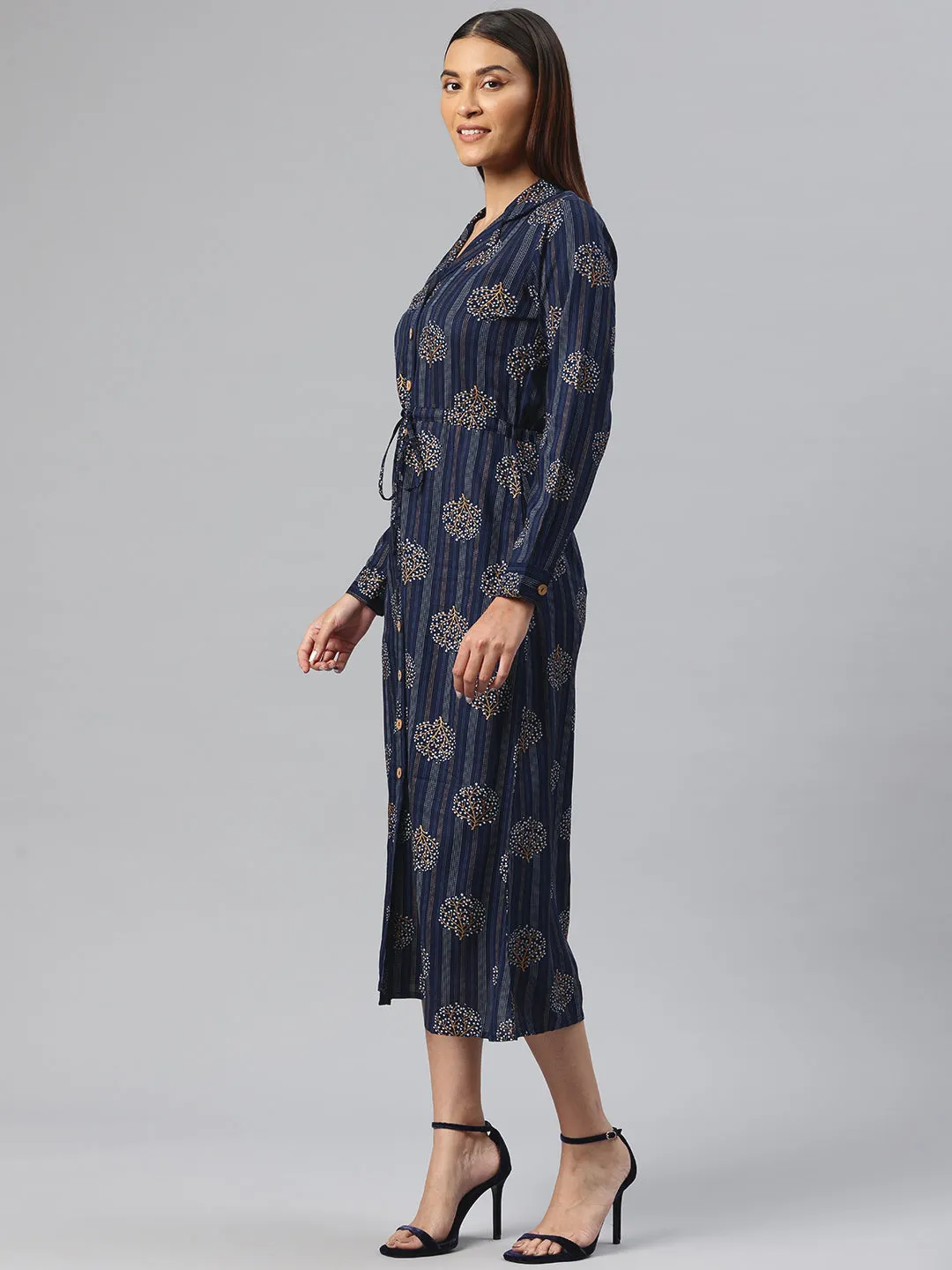 Cottinfab Ethnic Motifs Printed Belted Shirt Midi Dress