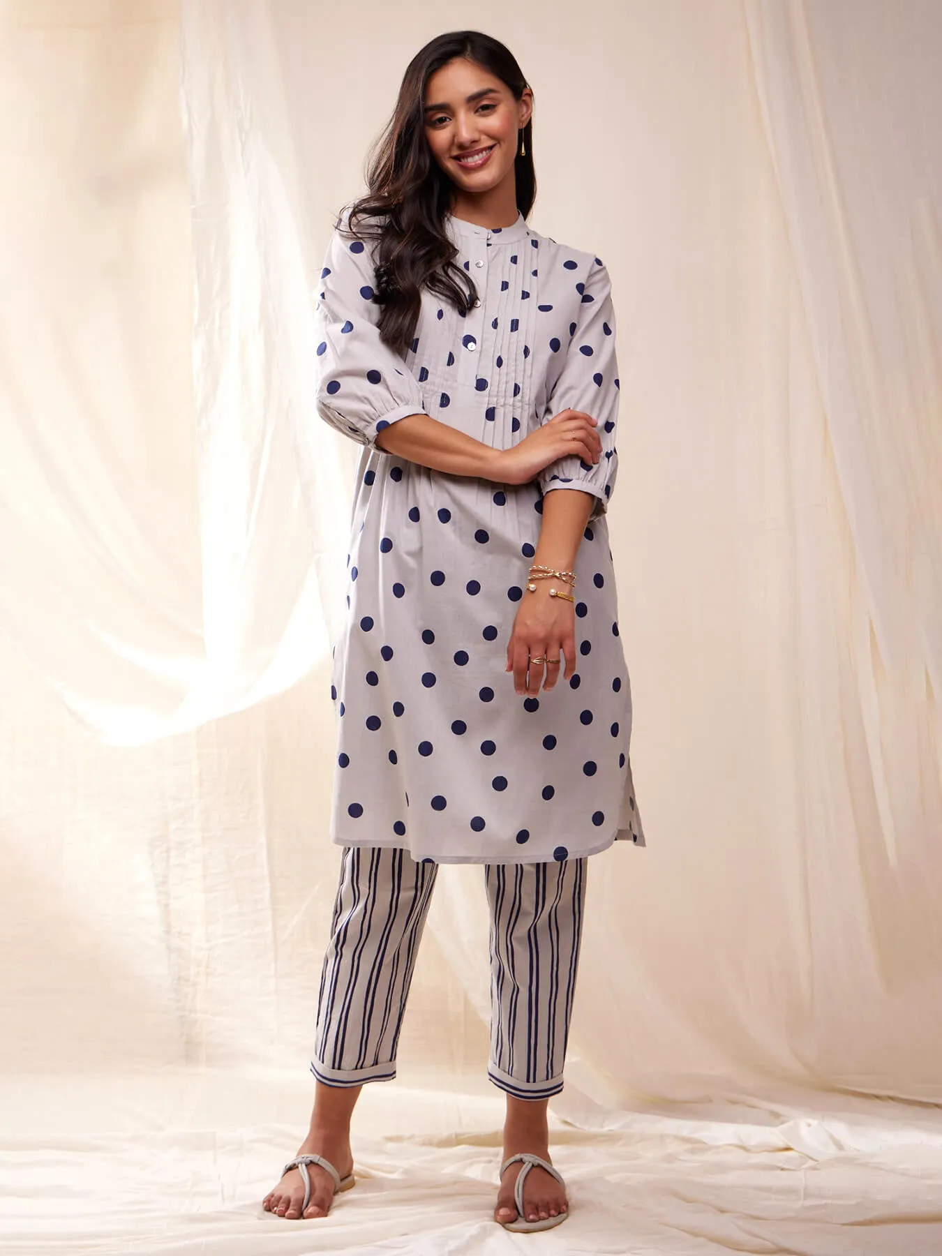 Cotton Polka Print Straight Kurta Set - Grey & Blue