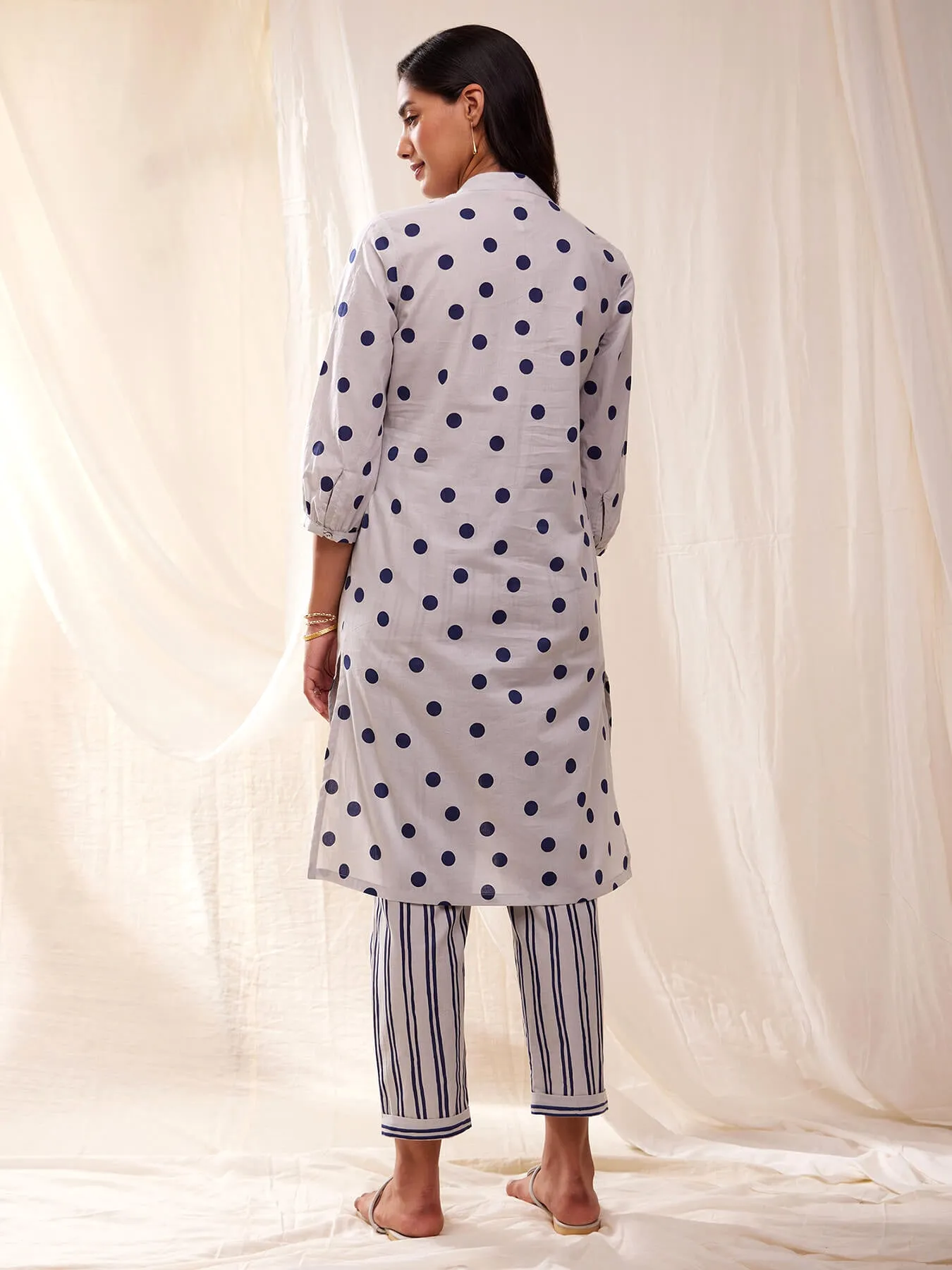 Cotton Polka Print Straight Kurta Set - Grey & Blue