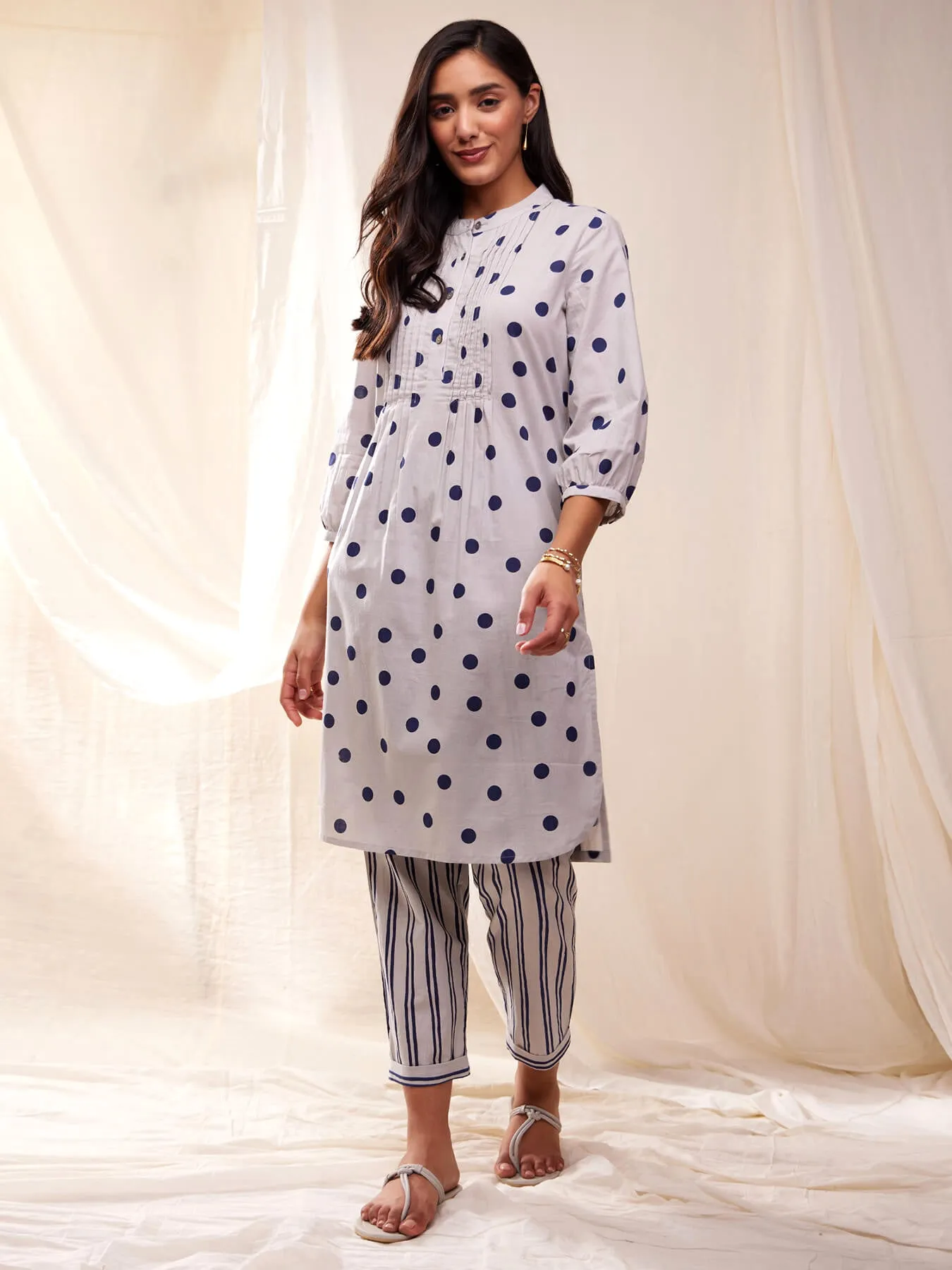 Cotton Polka Print Straight Kurta Set - Grey & Blue