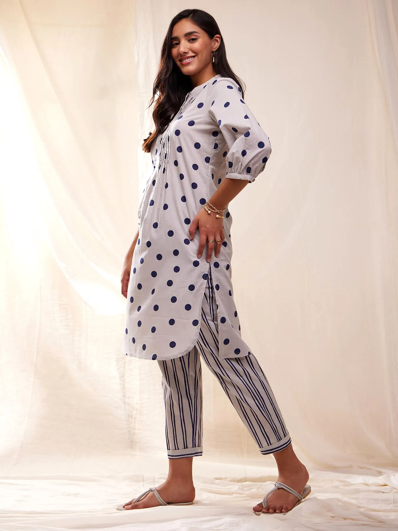 Cotton Polka Print Straight Kurta Set - Grey & Blue