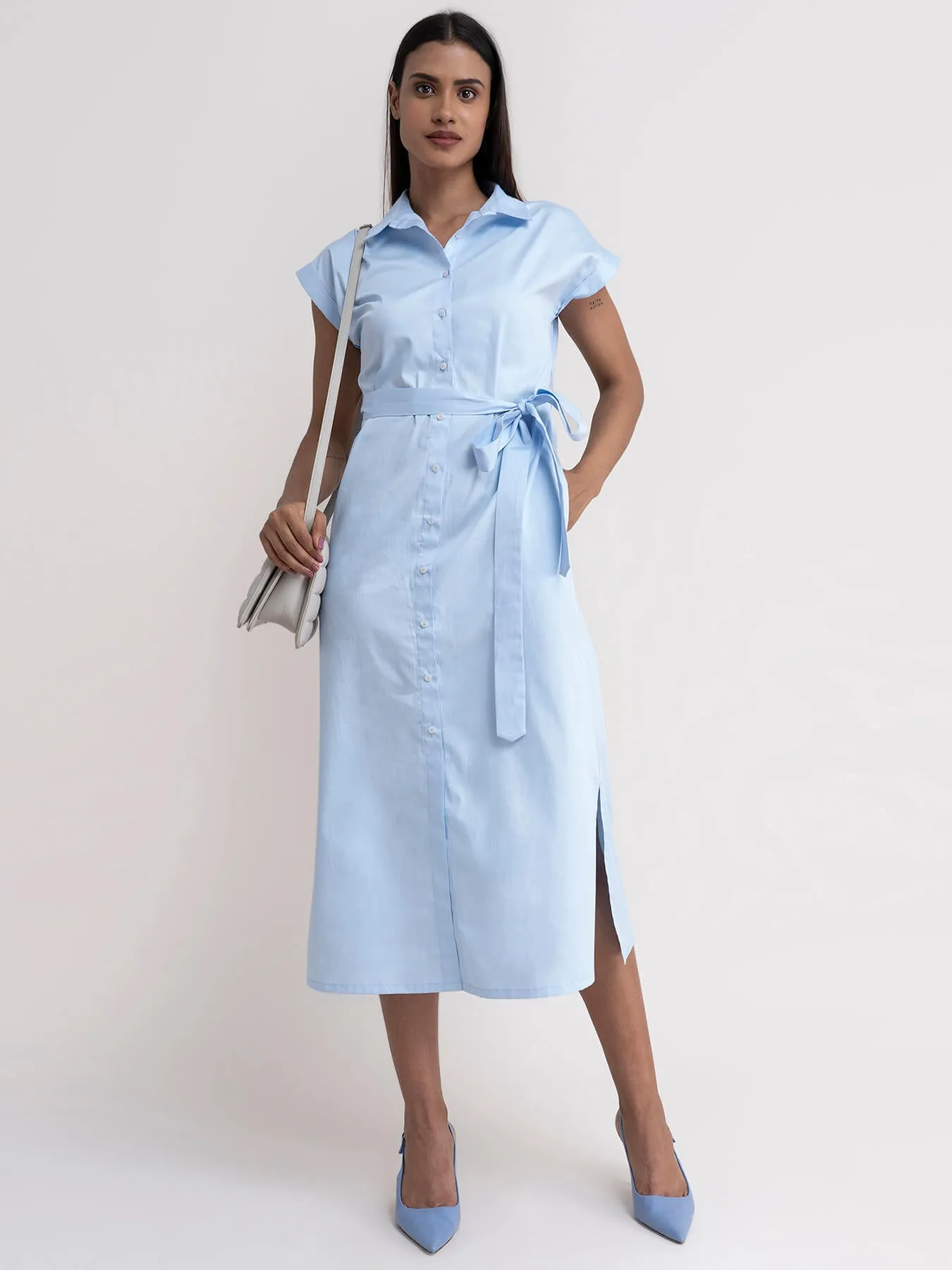 Cotton Shirt Dress - Light Blue