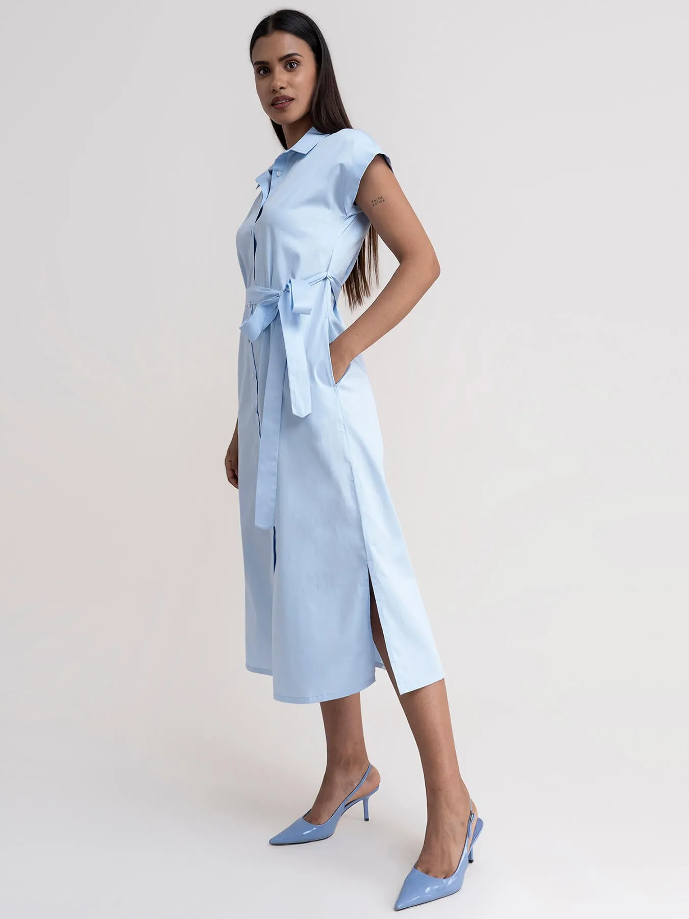 Cotton Shirt Dress - Light Blue