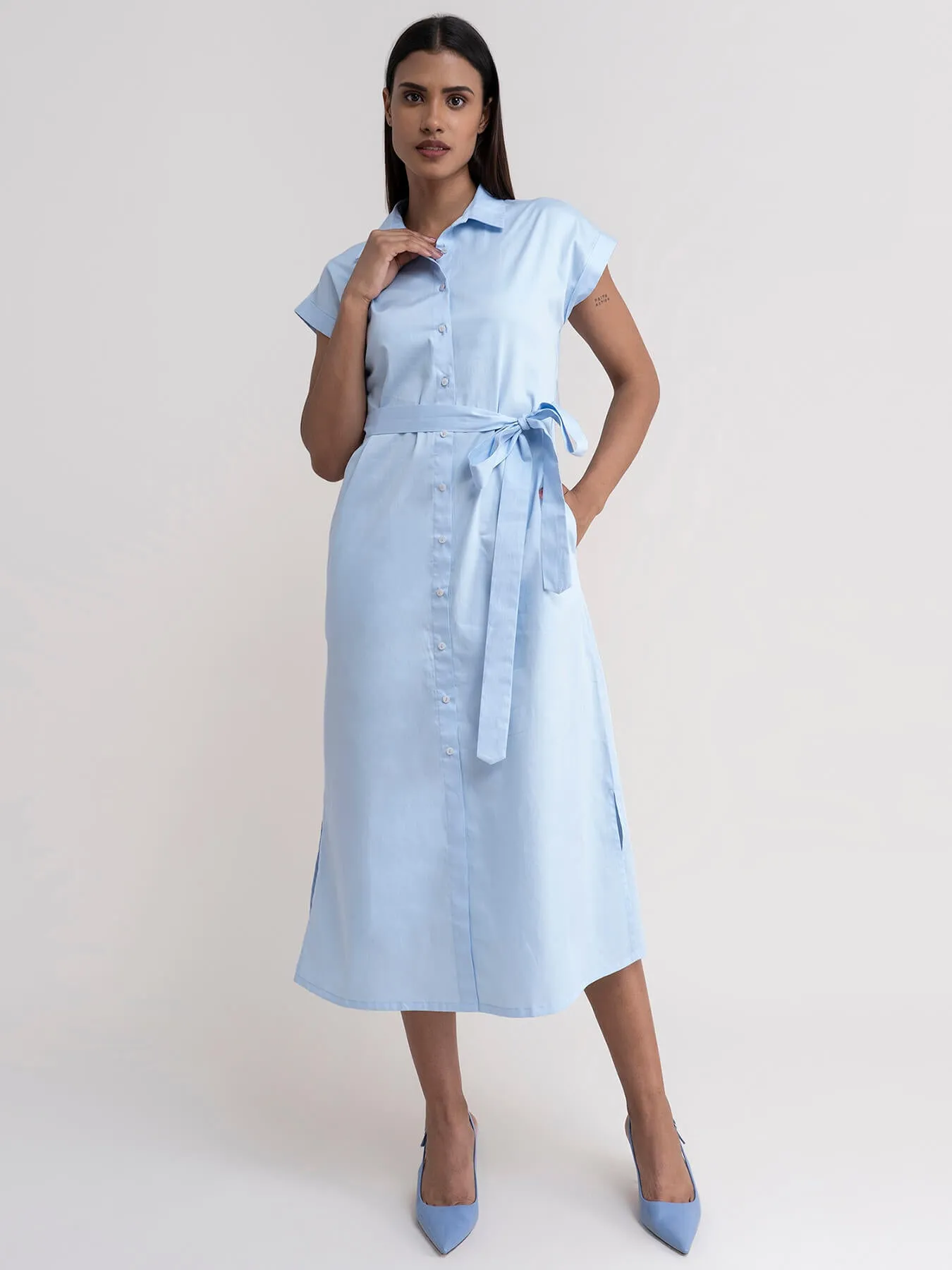 Cotton Shirt Dress - Light Blue