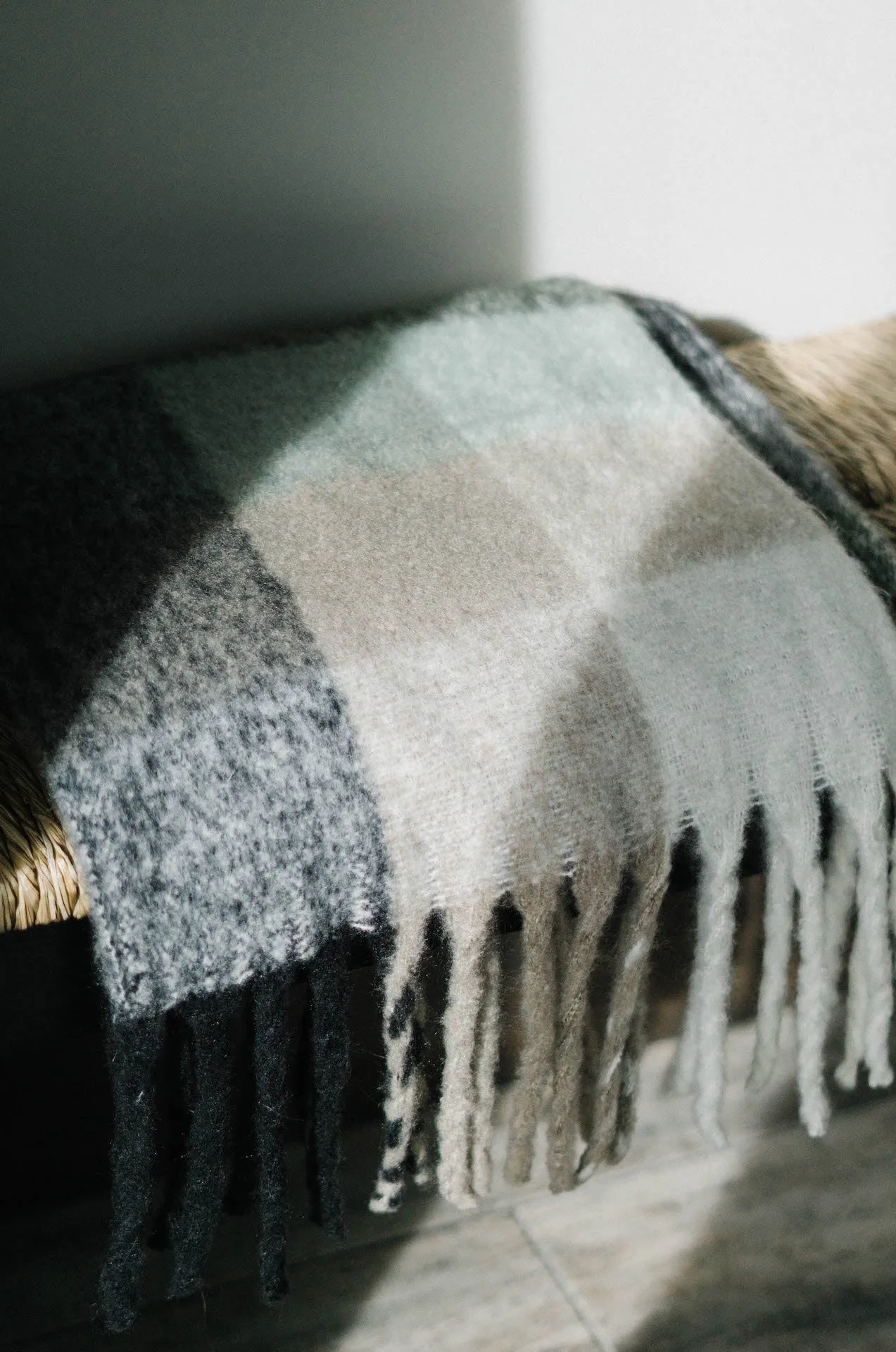 Cozy Feels Multicolor Fringe Scarf - Grey/Teal