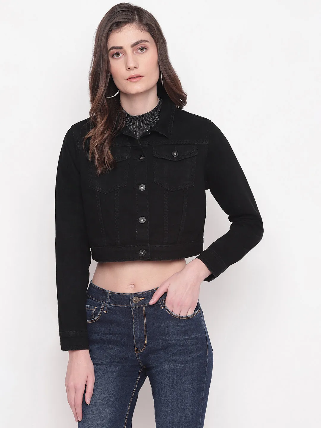 Cropped Black Denim Jacket