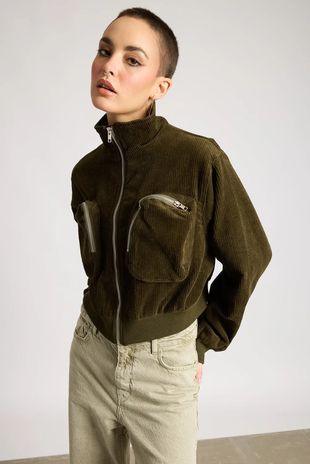 Cropped Corduroy Zip-Pocket Turtle Neck