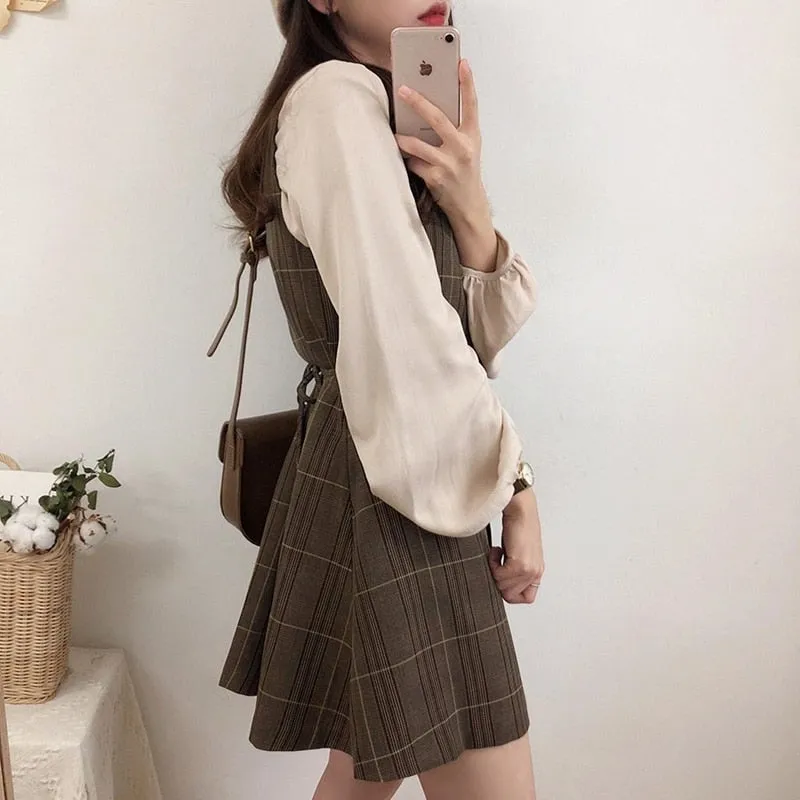 Cute Plaid Vintage Pinafore Mini Dress 2 Pieces