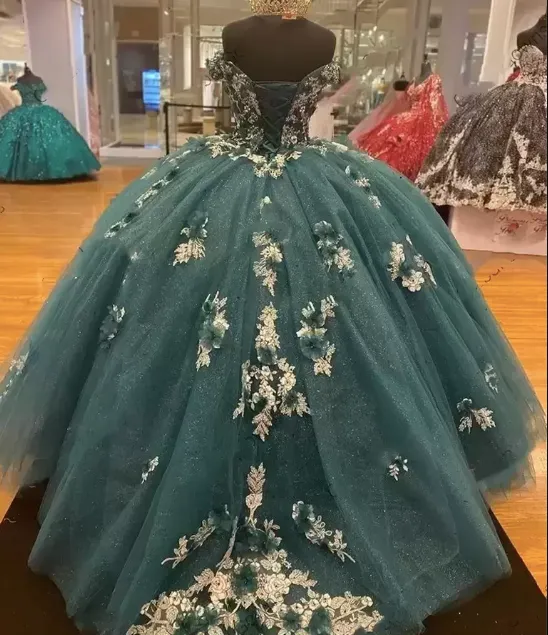 Dark Green Quinceanera Dresses 2022 Off the Shoulder Princess Pageant Ball Gown Flowers Beads Sweet 16 Floor Length Corset Back Birthday Party Wear       fg487