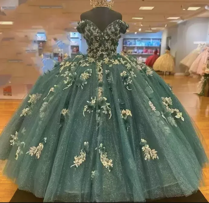 Dark Green Quinceanera Dresses 2022 Off the Shoulder Princess Pageant Ball Gown Flowers Beads Sweet 16 Floor Length Corset Back Birthday Party Wear       fg487