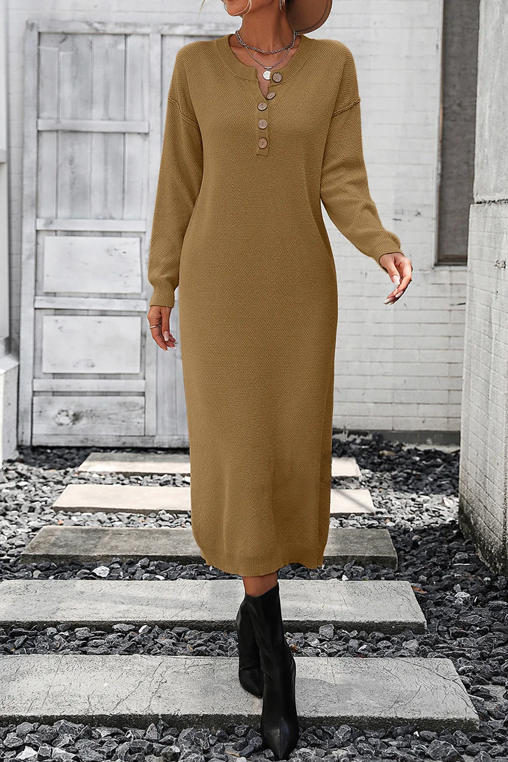 Decorative Button Notched Dropped Shoulder Long Sweater Dress