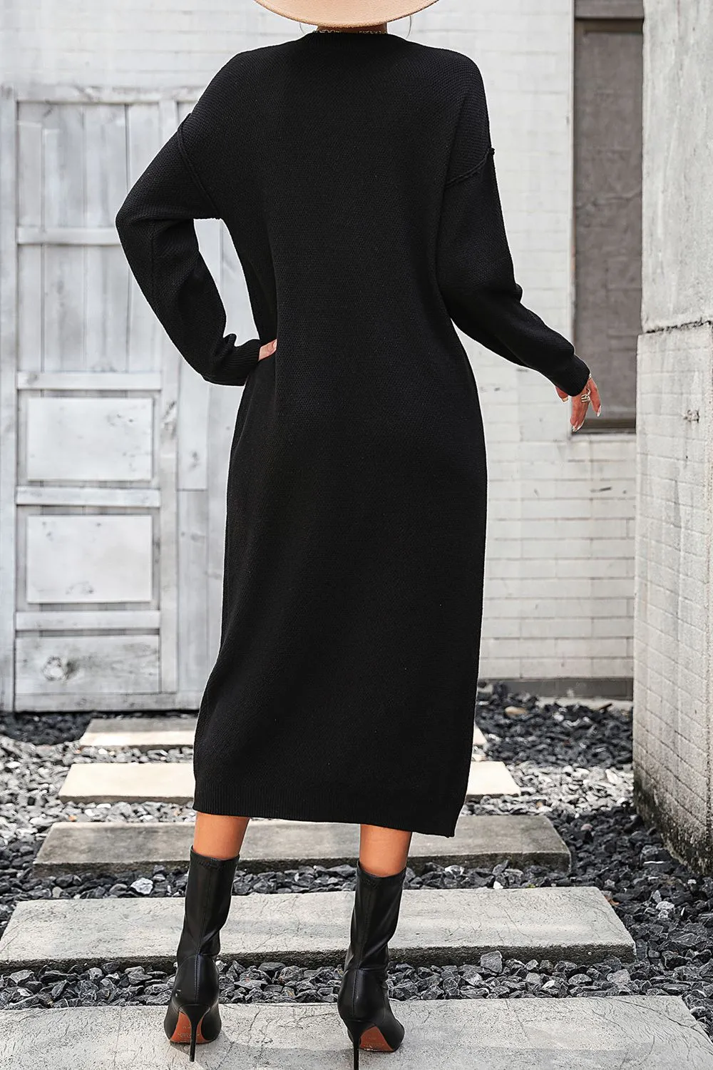 Decorative Button Notched Dropped Shoulder Long Sweater Dress