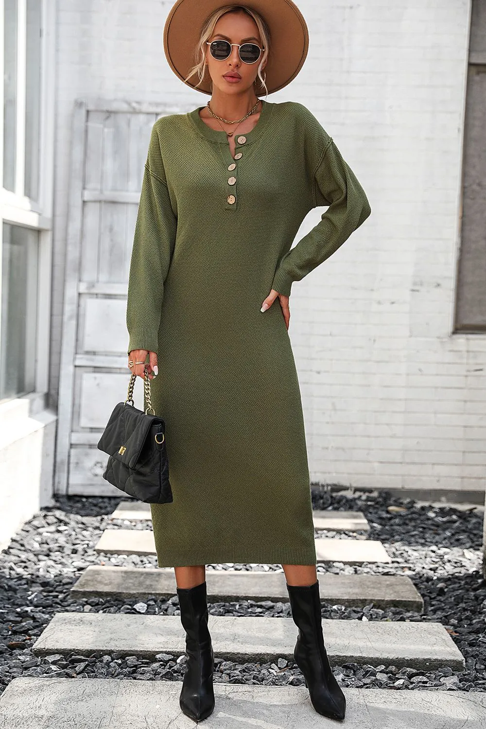 Decorative Button Notched Dropped Shoulder Long Sweater Dress