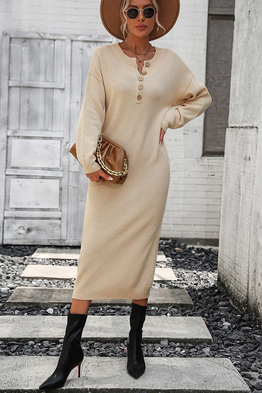 Decorative Button Notched Dropped Shoulder Long Sweater Dress