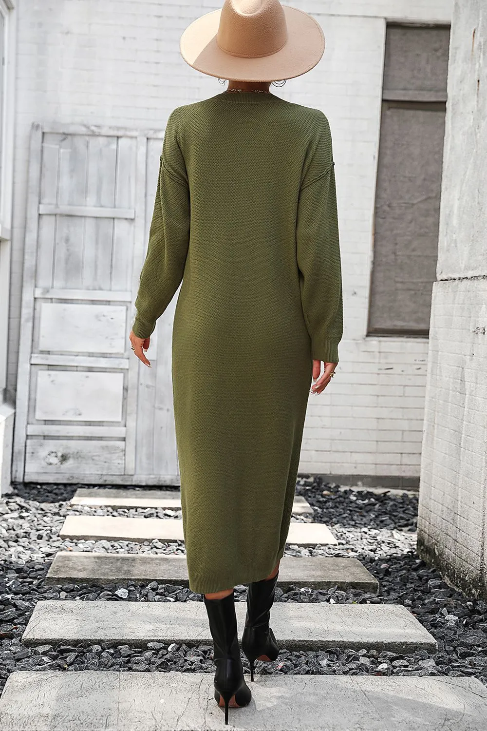 Decorative Button Notched Dropped Shoulder Long Sweater Dress