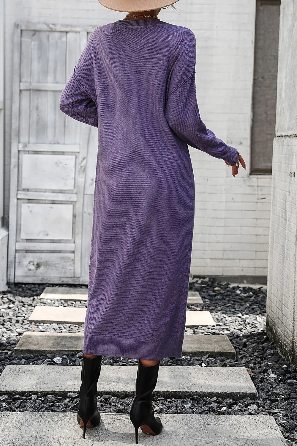 Decorative Button Notched Dropped Shoulder Long Sweater Dress