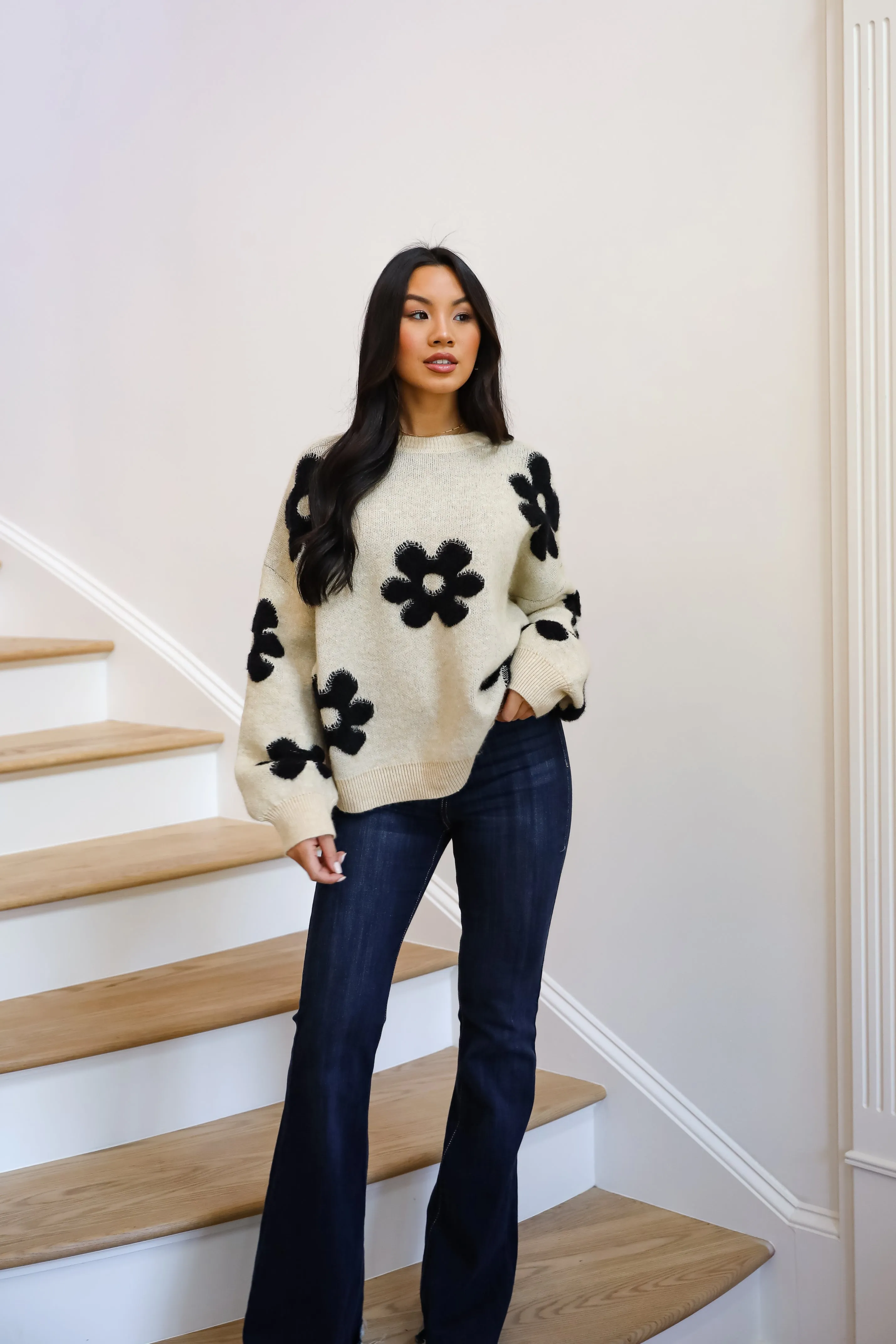 Deluxe Comfort Oatmeal Flower Sweater