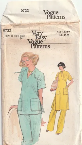 Easy Tunic Dress or Top & Pants - Vintage Pattern - Vogue 9722 - 1977 - Bust 87 cm