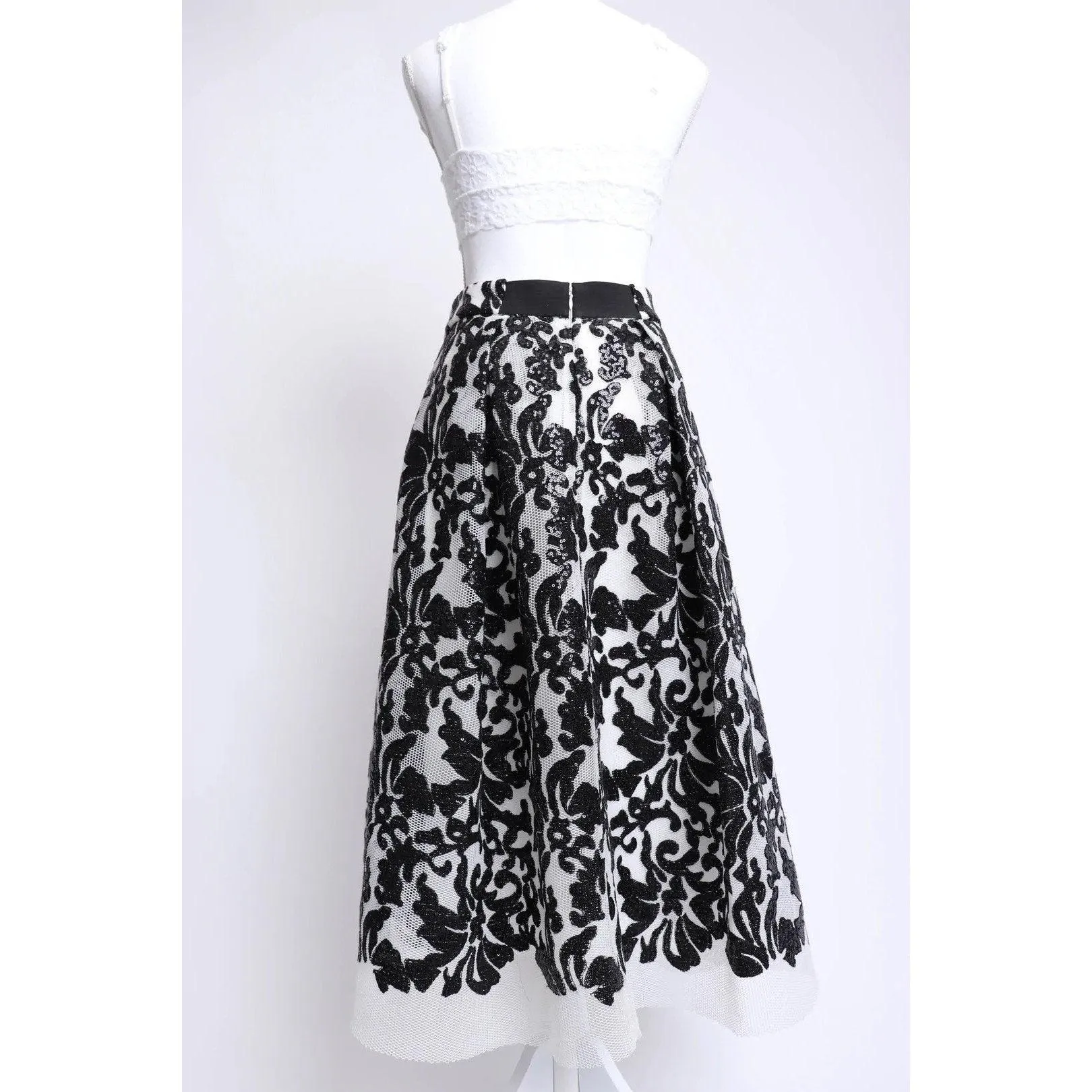 ELIZA J 00's Black and White Sequin Mesh Midi Skirt | Size 6