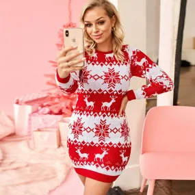 Fair Isle Red Christmas Motif Pattern Crew Neck Mini Fitted Sweater Dress