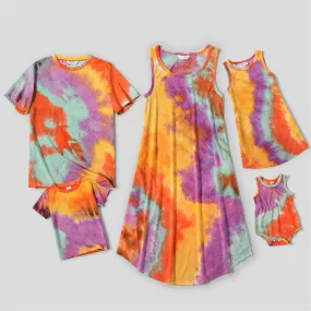 Family Matching Tie Dye Sleeveless Tank Dresses and Short-sleeve T-shirts Sets