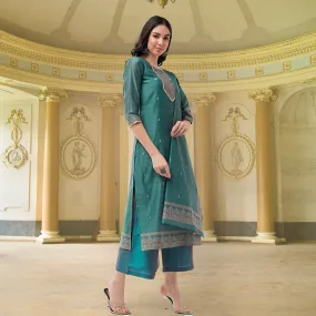 Festive Jacquard Neck Patch Kurta With Dupatta And Matching Pants