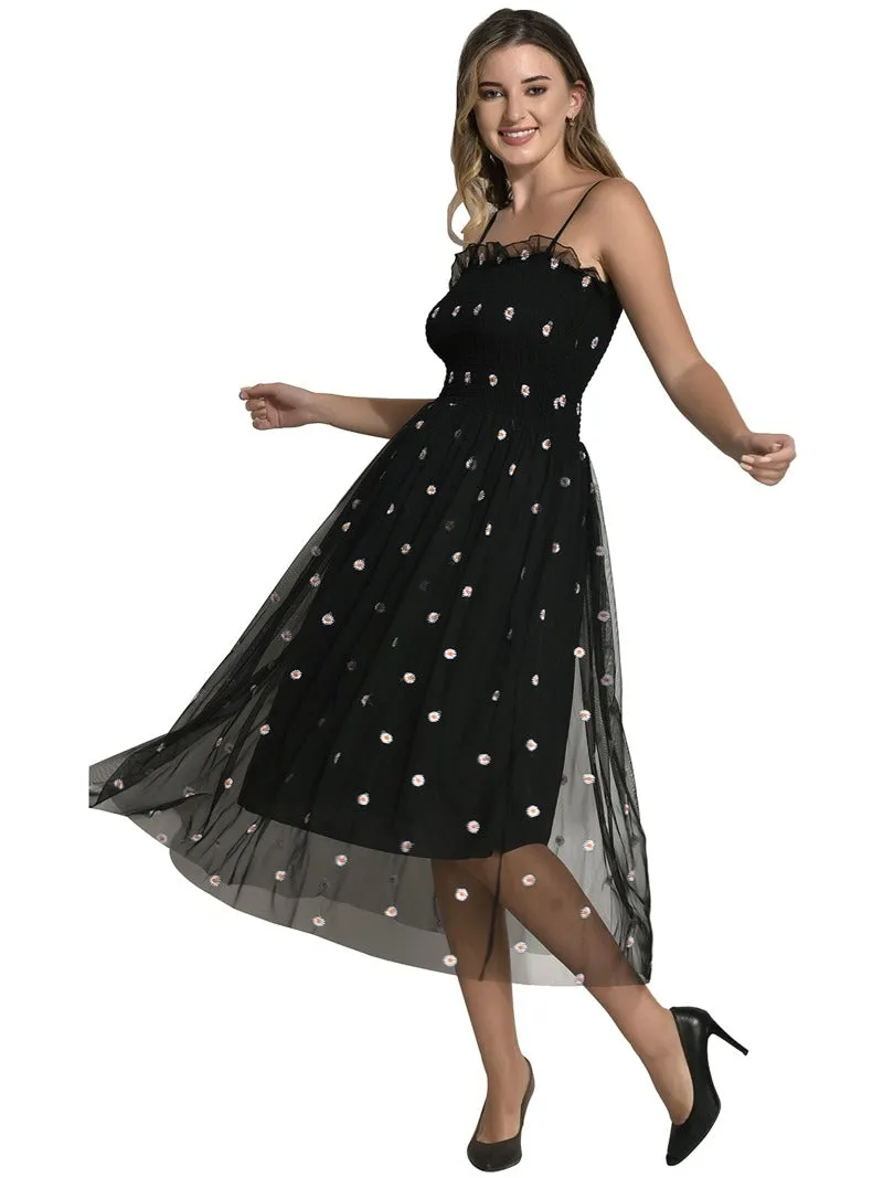 FIMS Fashion Women Embellished Net Floral Midi Fit & Flare Dress Black