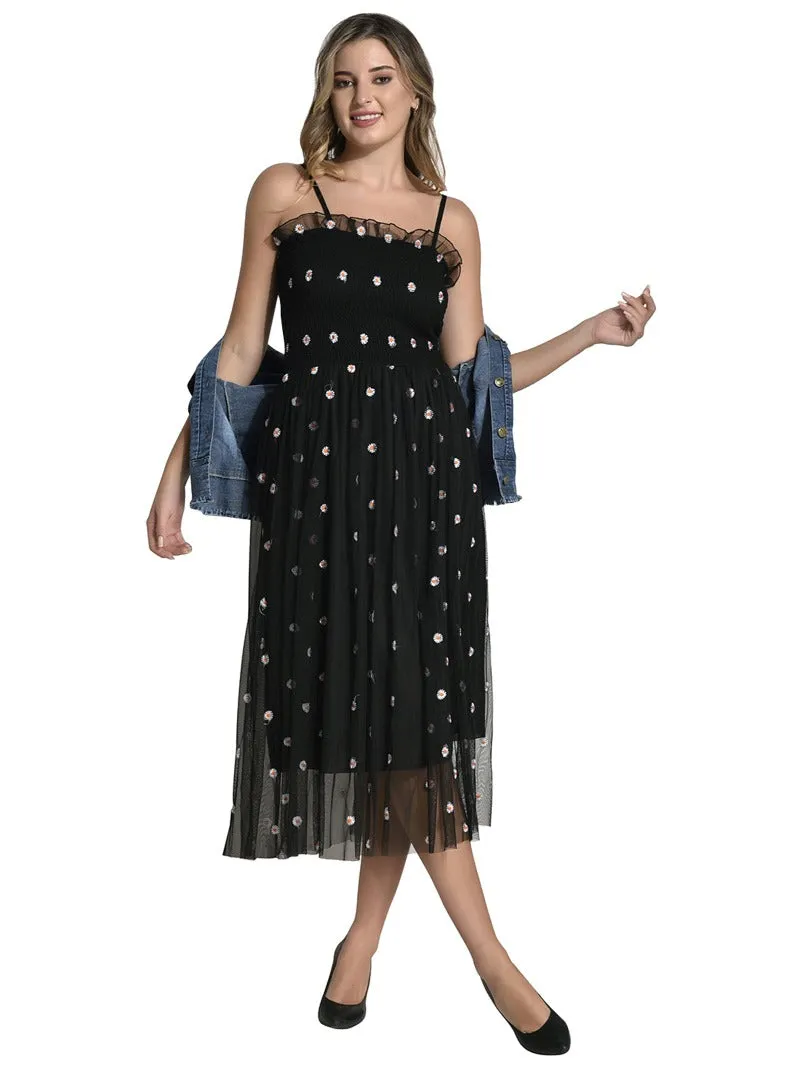 FIMS Fashion Women Embellished Net Floral Midi Fit & Flare Dress Black