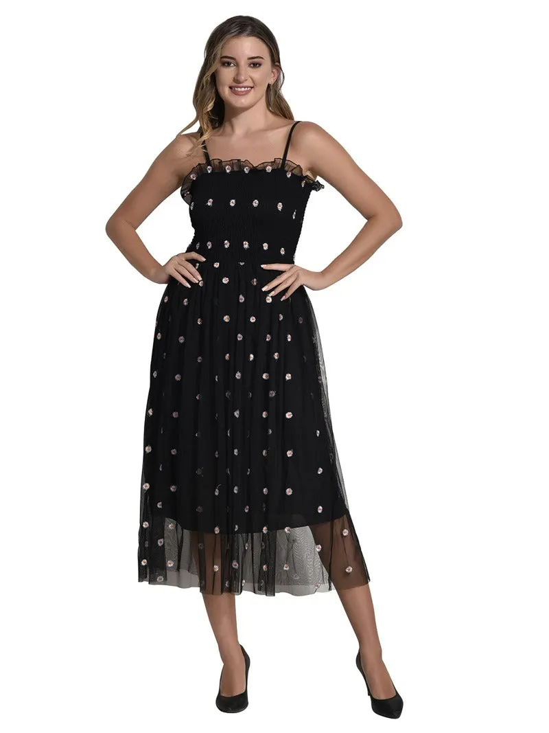 FIMS Fashion Women Embellished Net Floral Midi Fit & Flare Dress Black