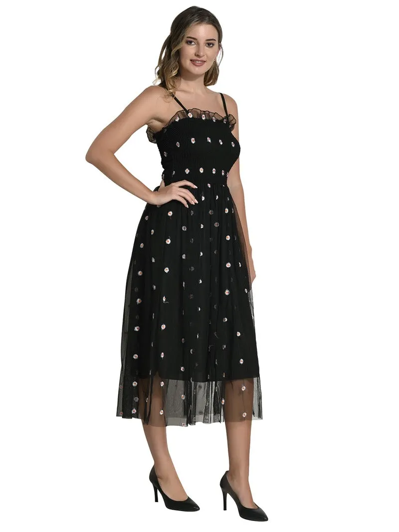 FIMS Fashion Women Embellished Net Floral Midi Fit & Flare Dress Black